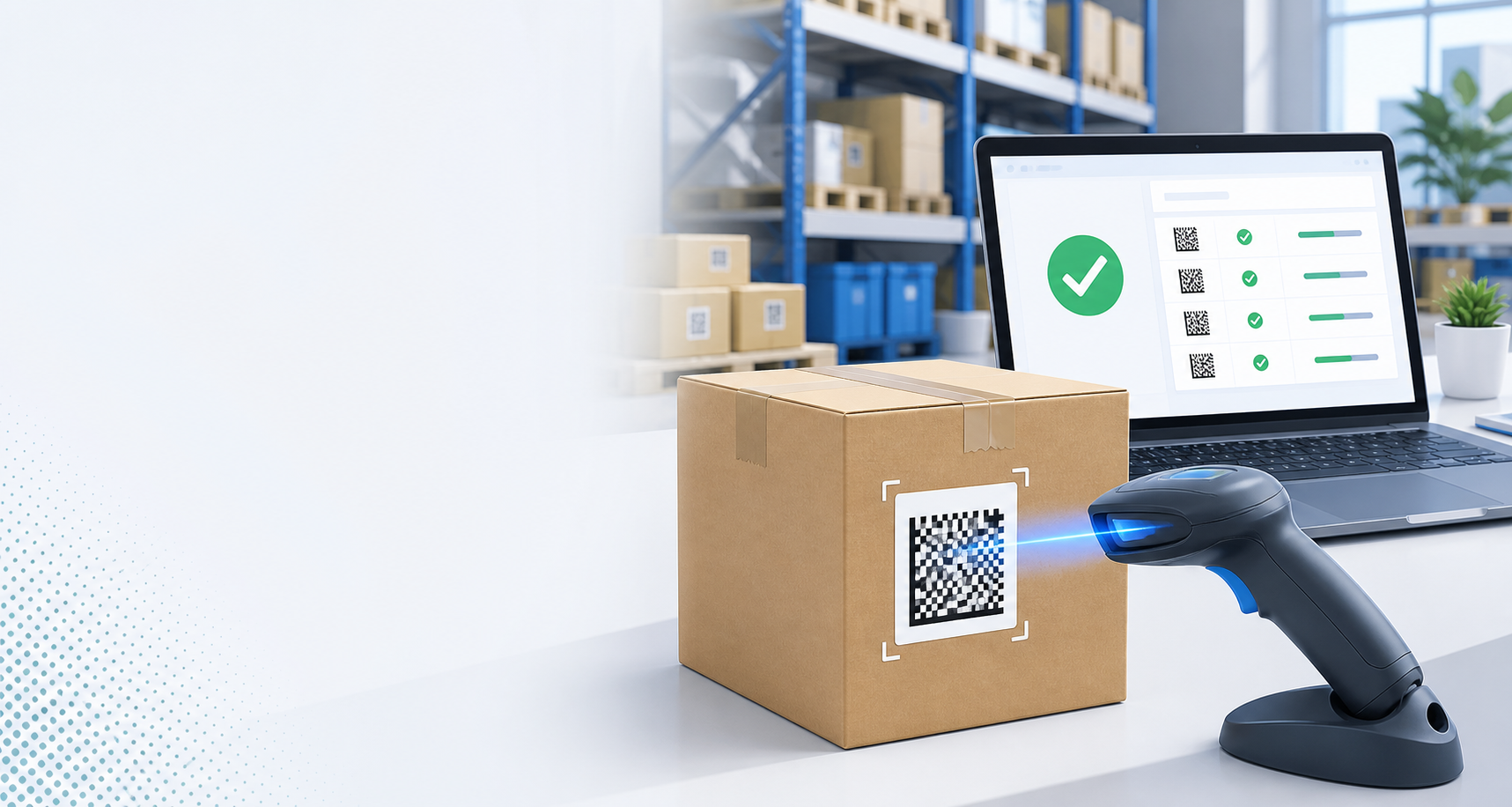 Складская коробка с кодом маркировки, сканером и экраном проверки